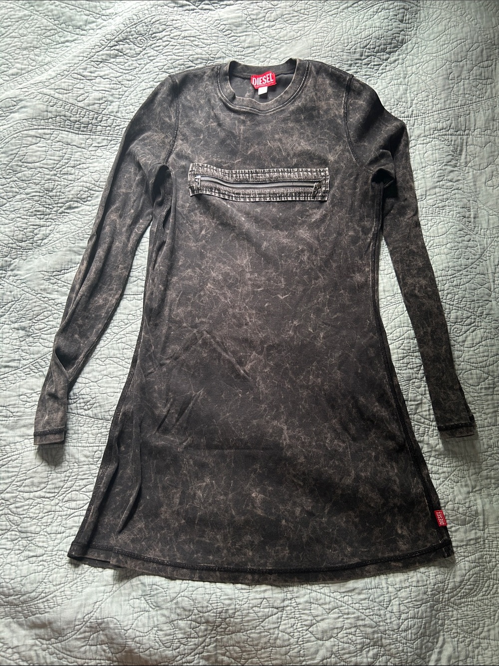 Diesel Black Acid-Wash Long Sleeve Dress with Chest Zip L